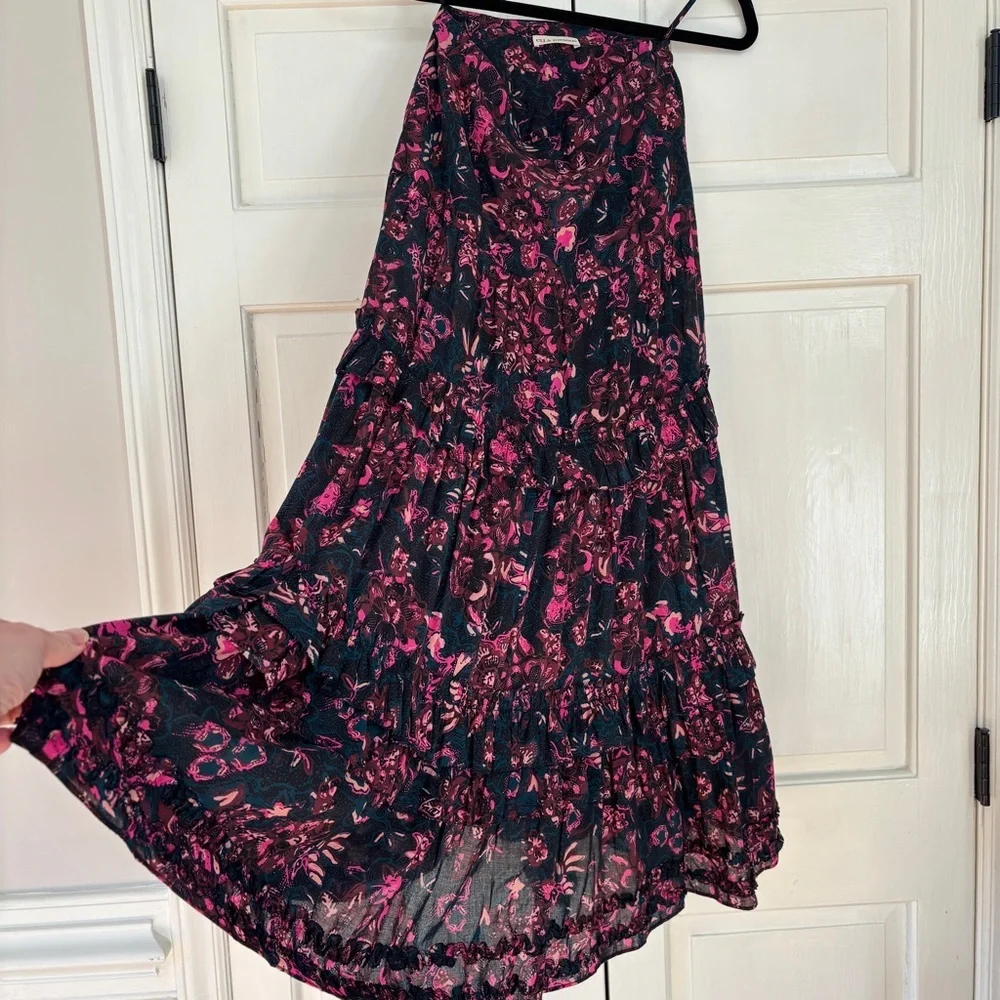 ULLA JOHNSON Amalia Midnight Floral Midi Skirt Tiered Ruffle Pink Navy Size‎ 2