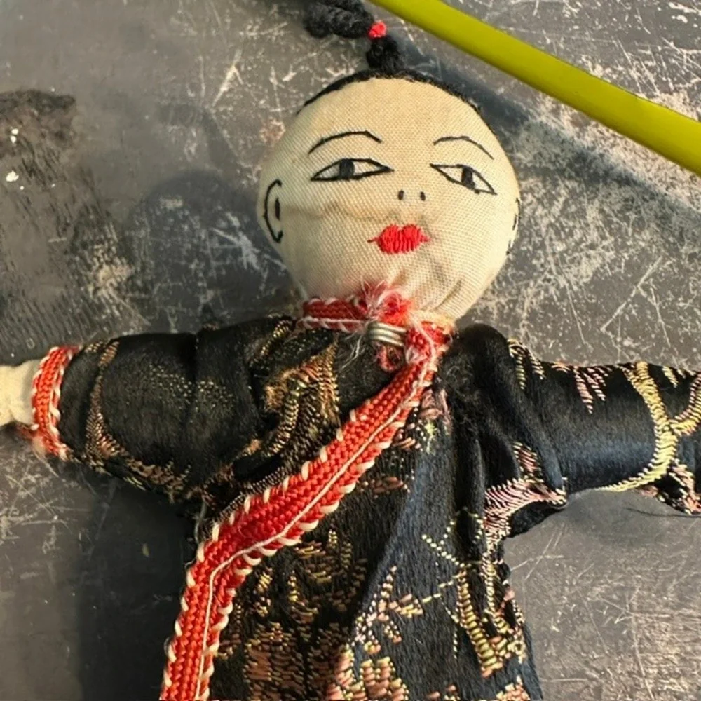 Vintage Chinese Cloth Dolls Set of 2 Orange Black Silk Brocade Folk Art 12in