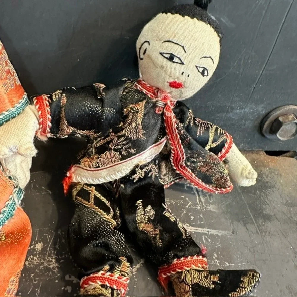 Vintage Chinese Cloth Dolls Set of 2 Orange Black Silk Brocade Folk Art 12in