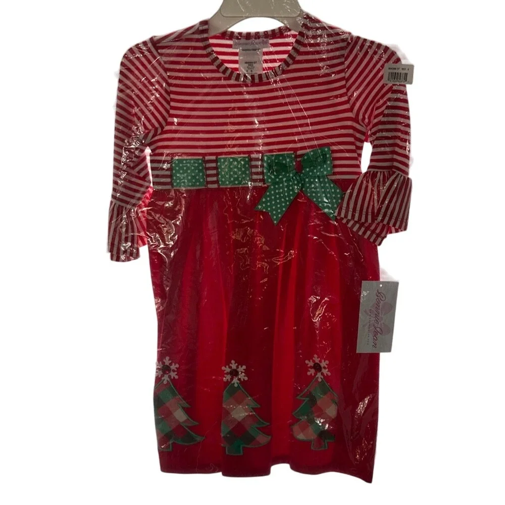 Bonnie Jean Girls Christmas Tree Dress‎ Red White Stripe Size 6