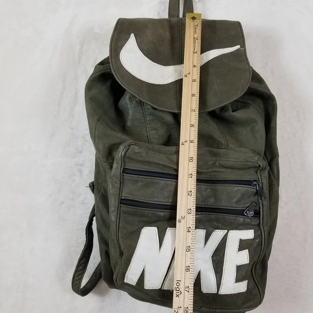VTG‎ Nike Leather Backpack Olive Green Rucksack Swoosh Logo Bag