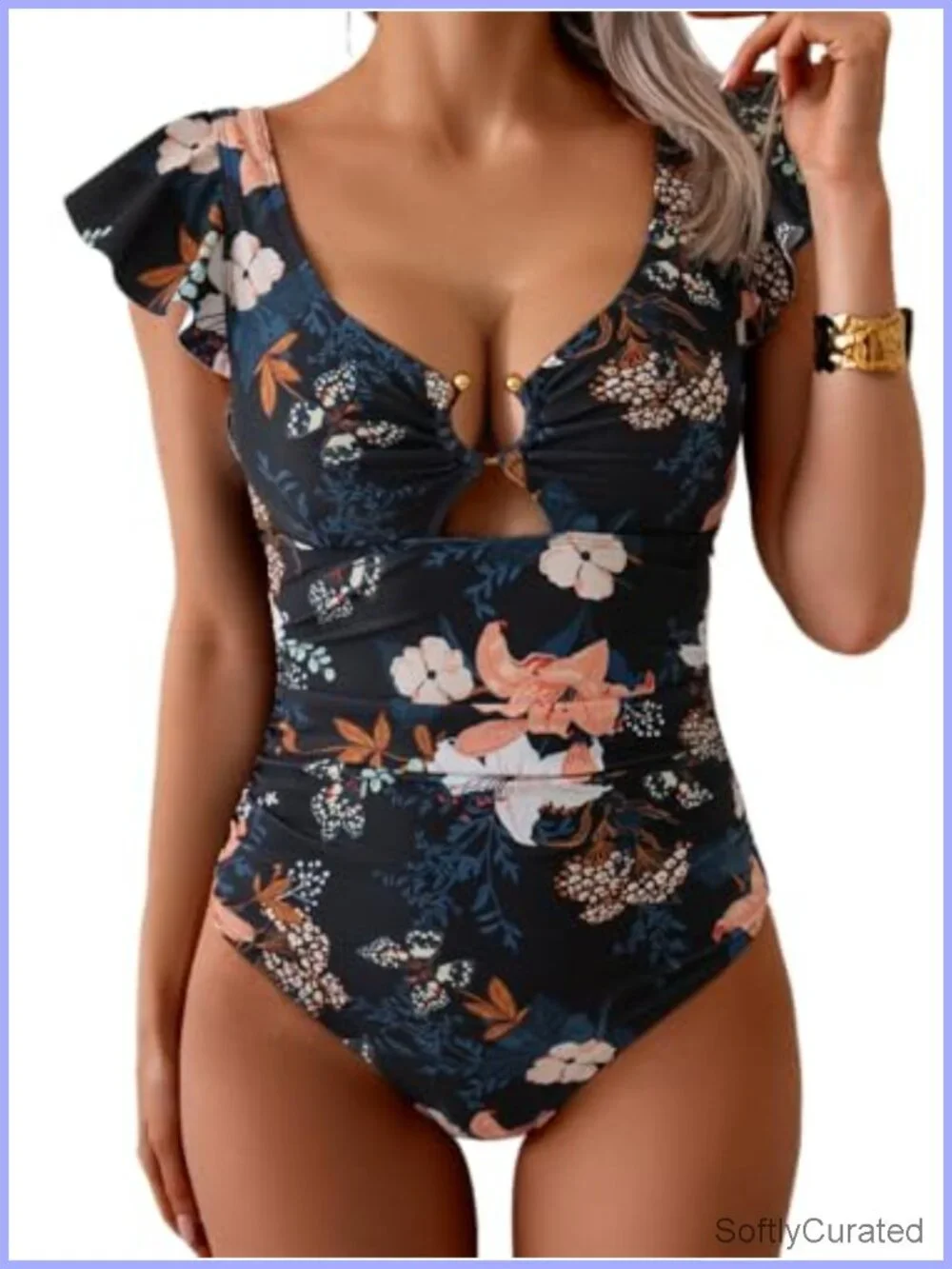 Ruffled One Piece Swimsuit with Tummy Control and V-Neck Cutout