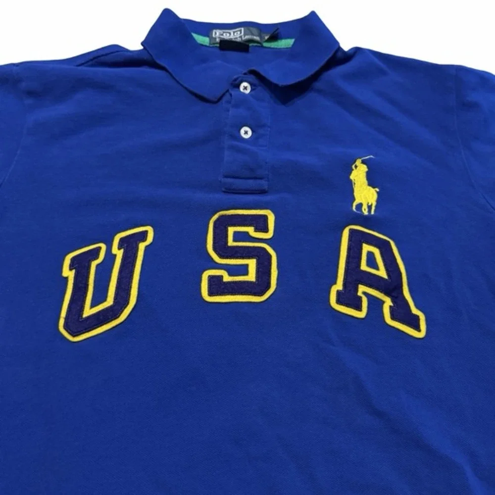 Polo Ralph Lauren USA Big Pony Custom Fit Polo‎ Shirt Men's XL Blue Yellow