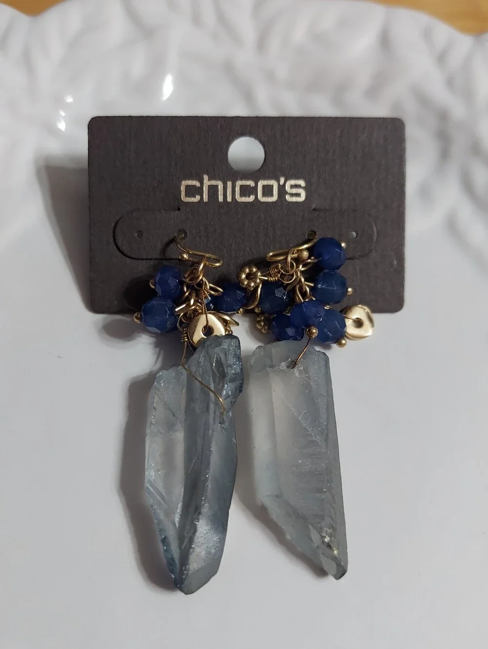Chico's Gold Tone/'ENYA' Crystal Stone & Faceted Blue Bead Drop Earrings.