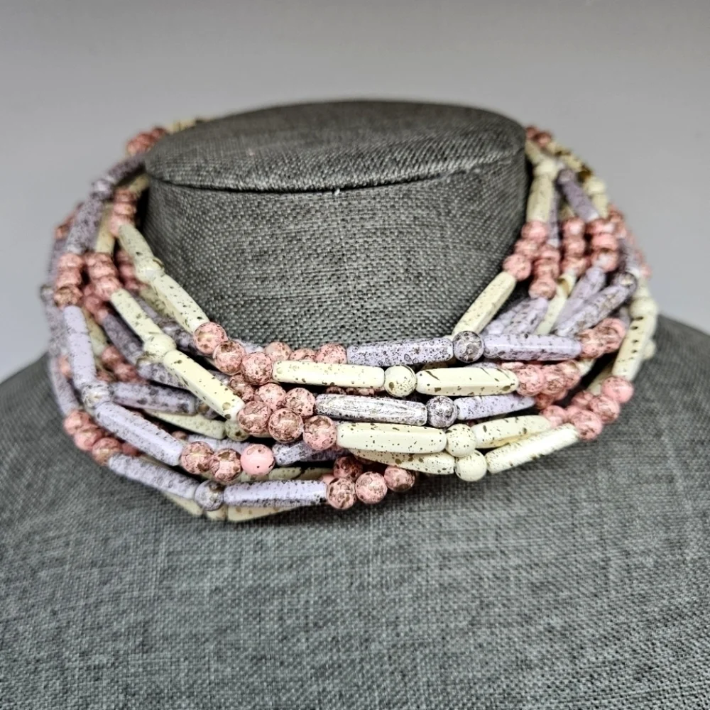 VINTAGE Multi-Strand Pastel Splatter Plastic Bead Beaded Convertible Necklace