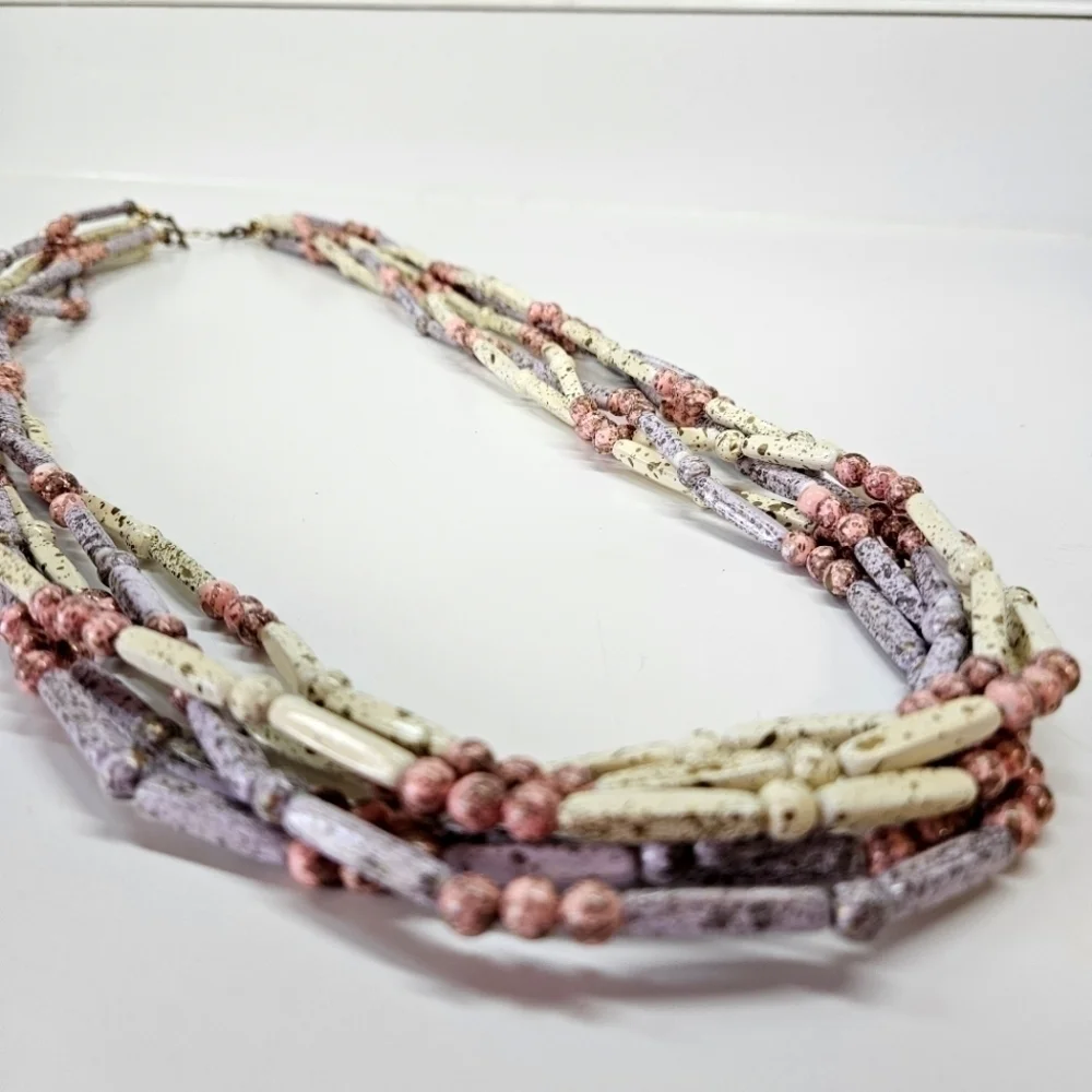 VINTAGE Multi-Strand Pastel Splatter Plastic Bead Beaded Convertible Necklace