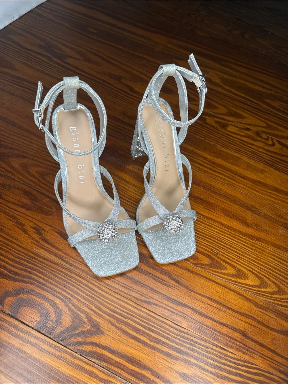 Gianni Bini Silver Glitter Rhinestone Block Heel Sandals