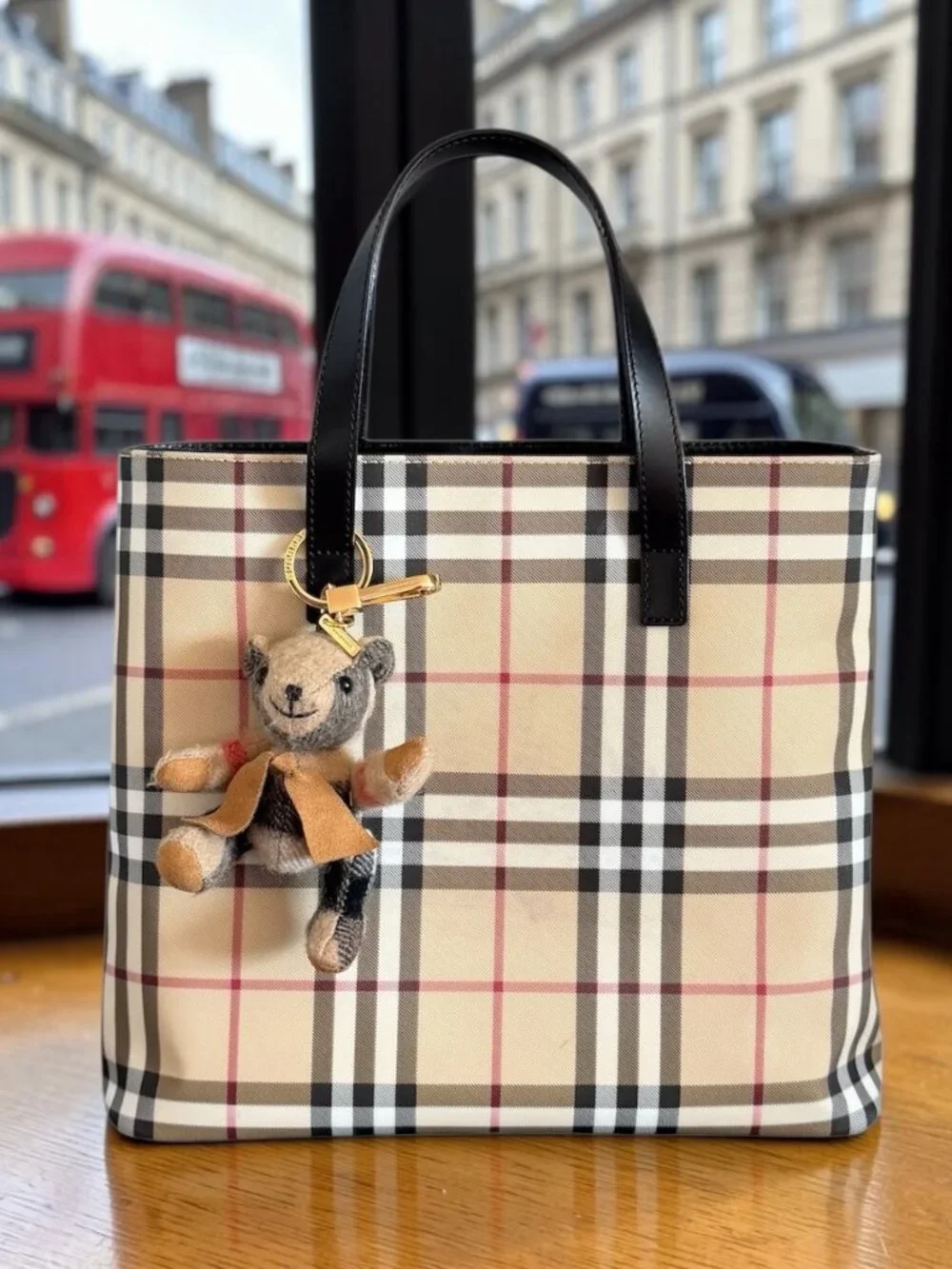 Burberry Nova Check Coated Canvas Tote Bag & Thomas Bear Bag Charm Keychain