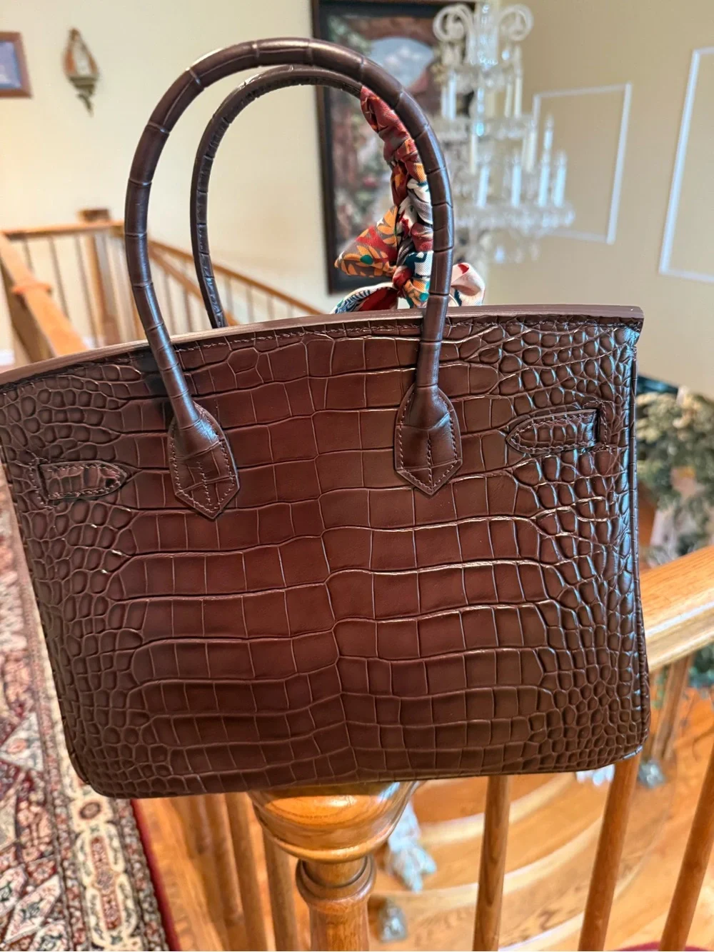 Structured Croc-Embossed Top-Handle Tote in Dark Brown