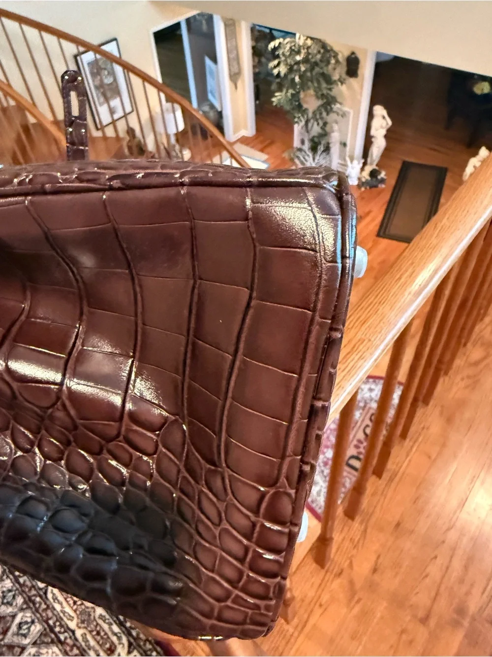 Structured Croc-Embossed Top-Handle Tote in Dark Brown