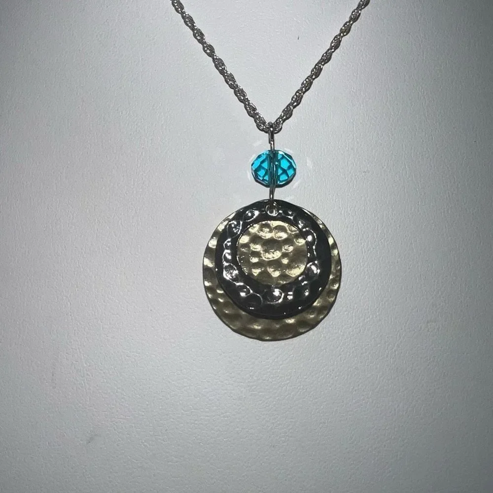Silver and Gold Tone Hammered Disc Bead Charm Necklace