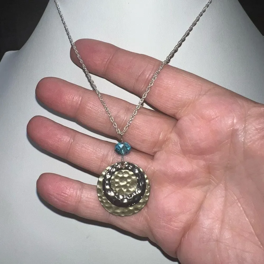 Silver and Gold Tone Hammered Disc Bead Charm Necklace