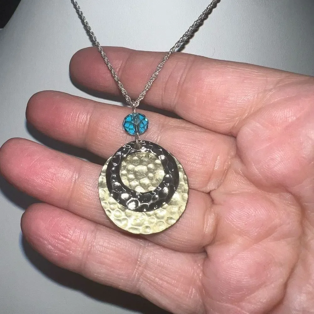 Silver and Gold Tone Hammered Disc Bead Charm Necklace