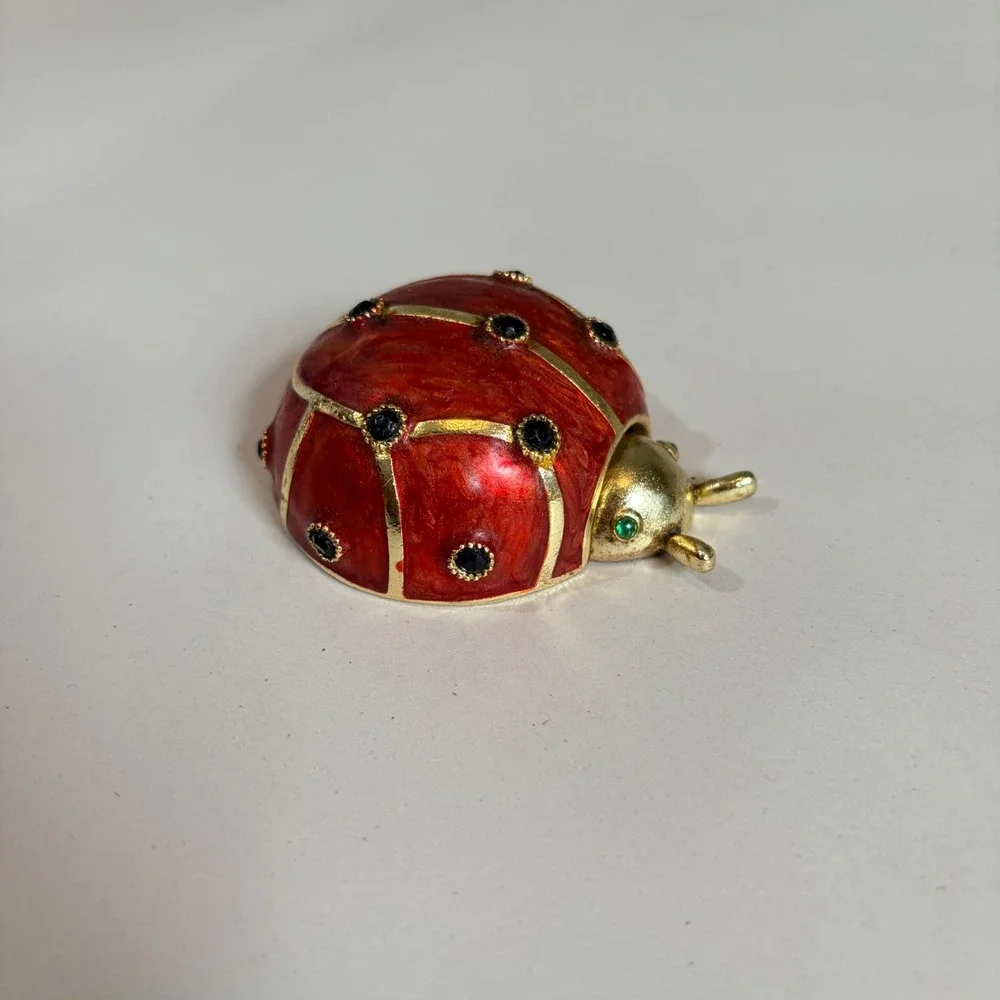 Vintage Red Enamel Ladybug Trinket Box Gold Tone Rhinestone Jeweled Lid