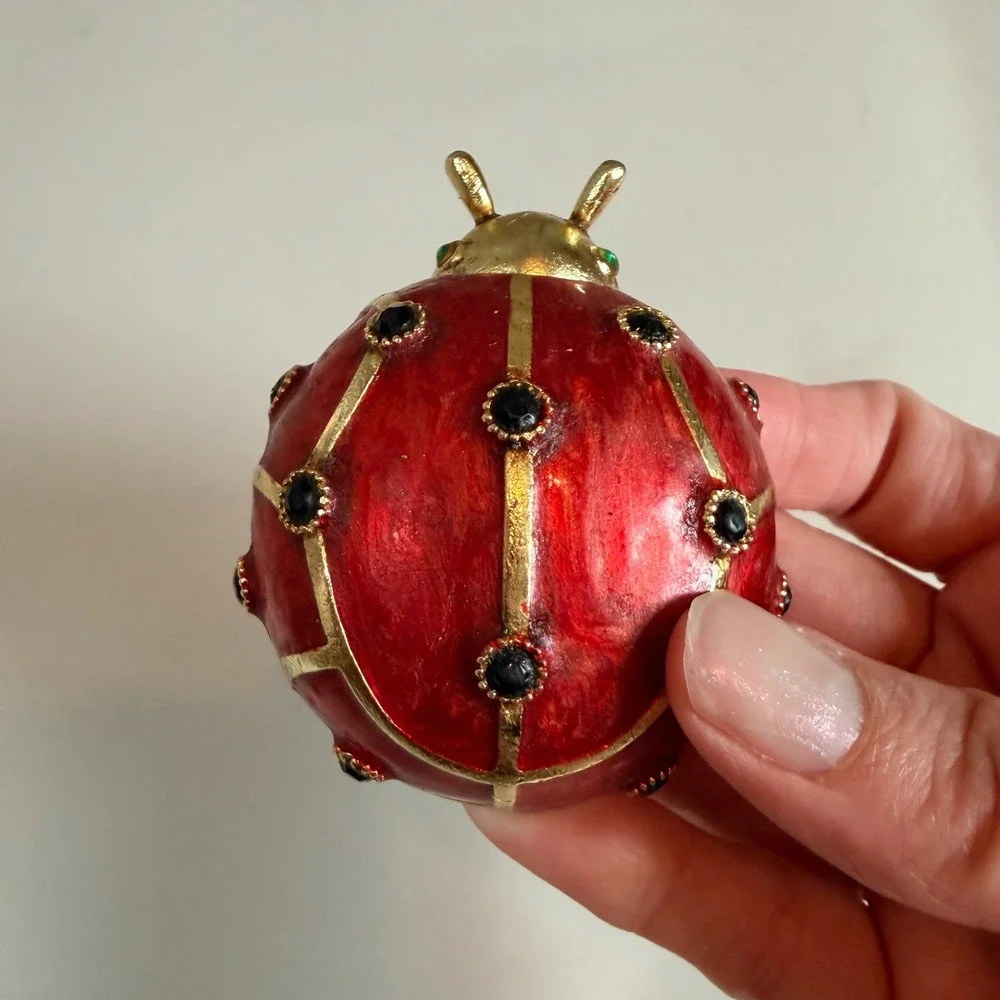 Vintage Red Enamel Ladybug Trinket Box Gold Tone Rhinestone Jeweled Lid