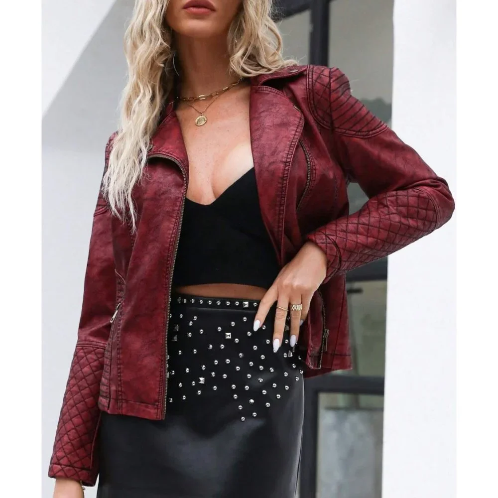 Red Faux‎ Leather Moto Jacket Fitted Quilted Bomber Motorcycle Biker Jacket Coat