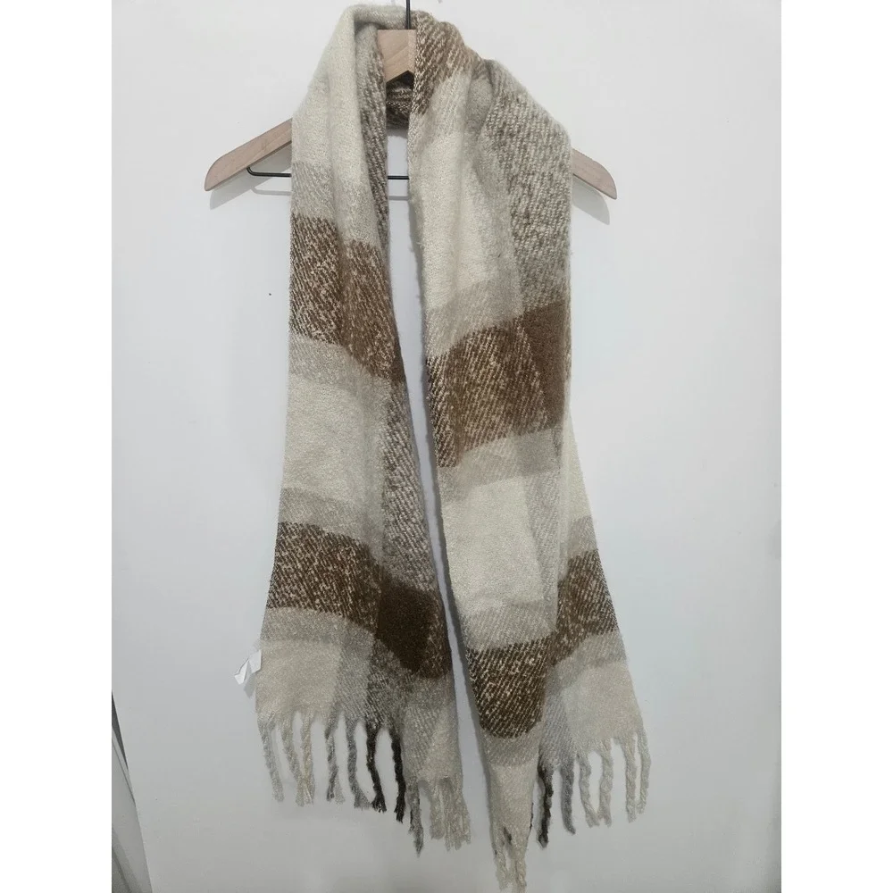 Neutral Plaid Oversized Blanket Scarf Brown Cream Tan Fringe‎ Knit Wrap OS
