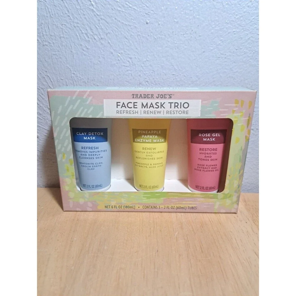 BRAND NEW TRADER JOE'S FACE MASK TRIO REFRESH - RENEW - RESTORE 2 oz each