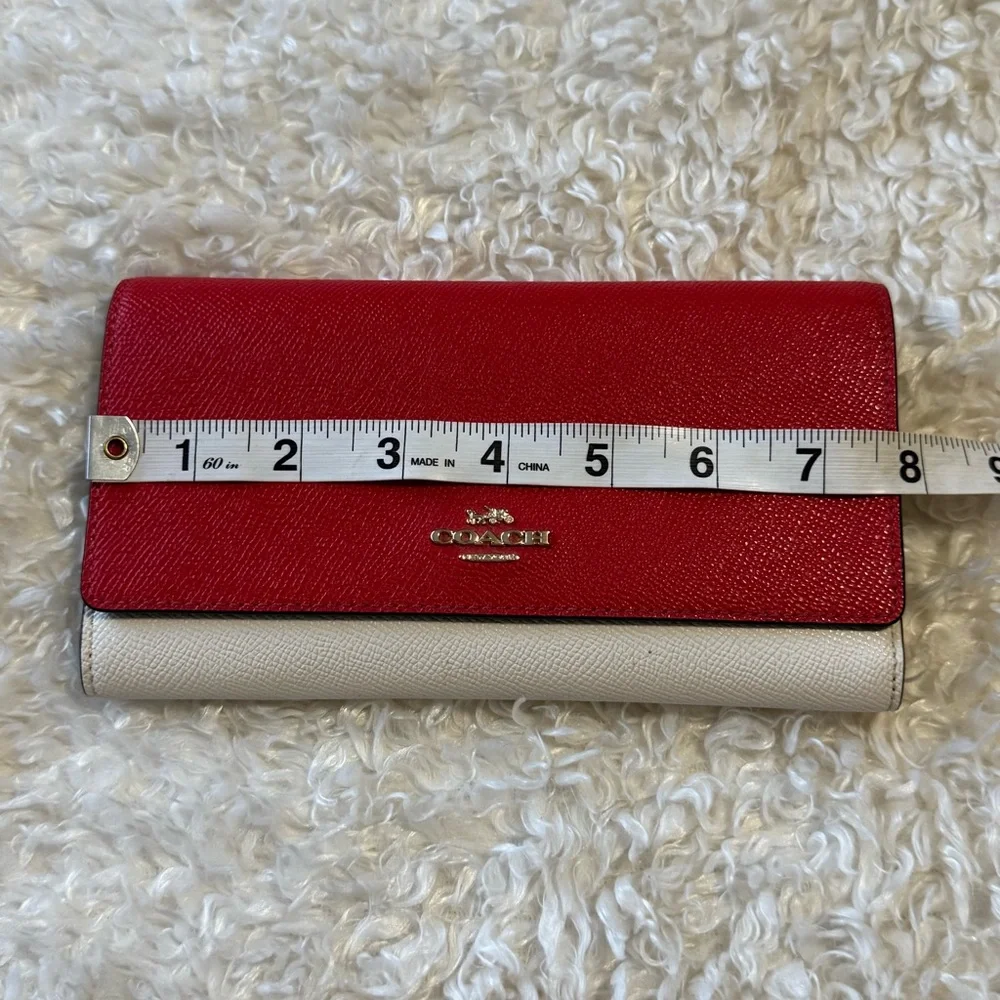 Coach Trifold Color Block Red & Cream Ivory Pebbled Leather Wallet