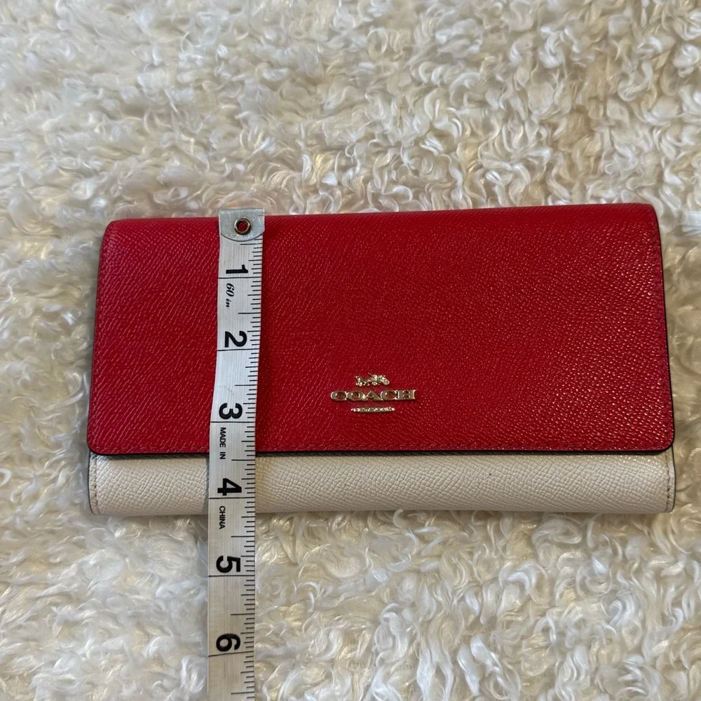 Coach Trifold Color Block Red & Cream Ivory Pebbled Leather Wallet