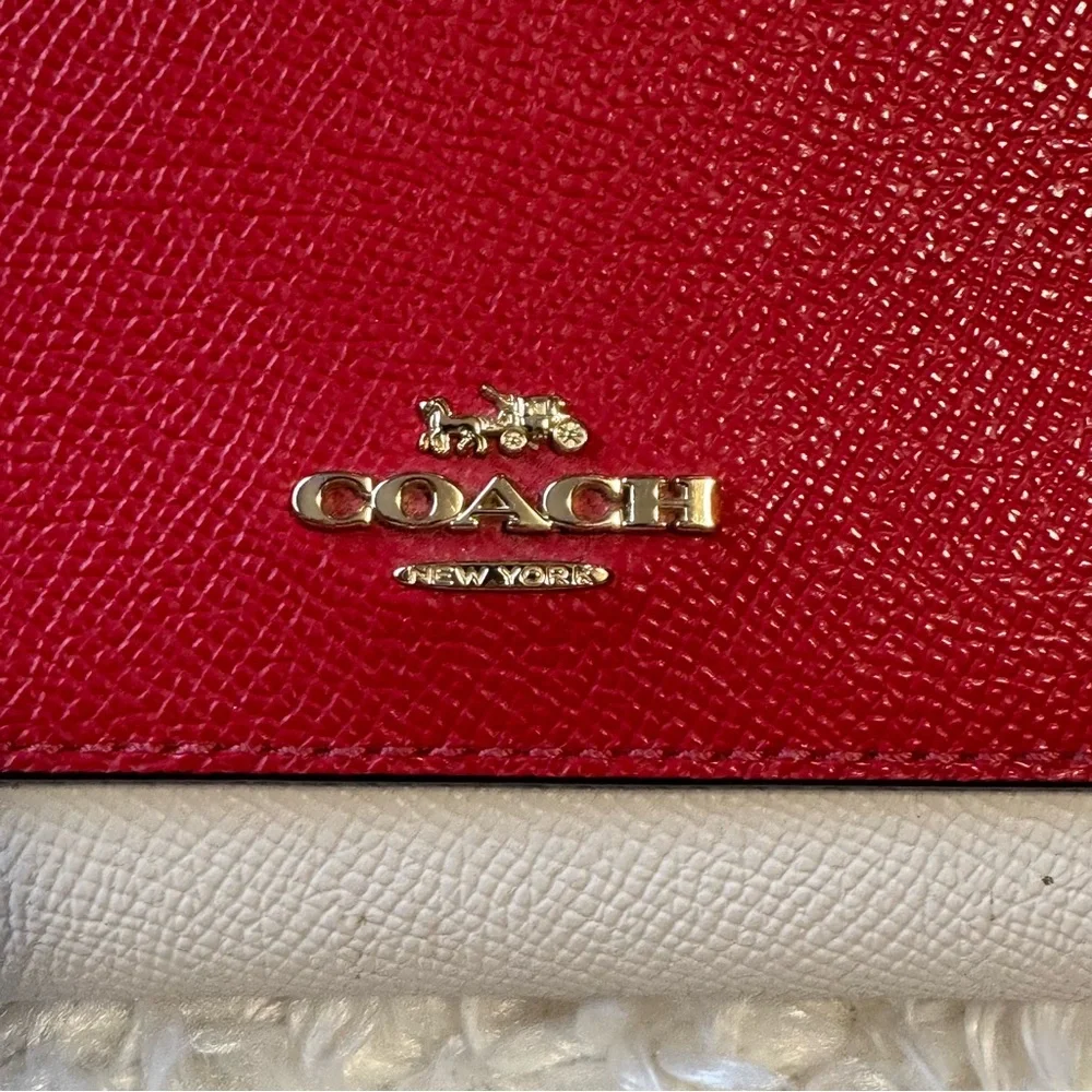 Coach Trifold Color Block Red & Cream Ivory Pebbled Leather Wallet