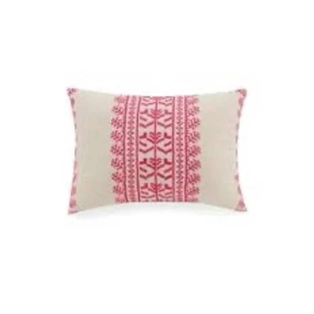 Vera Bradley tan linen blend throw pillow with‎ hot pink embroidery 19