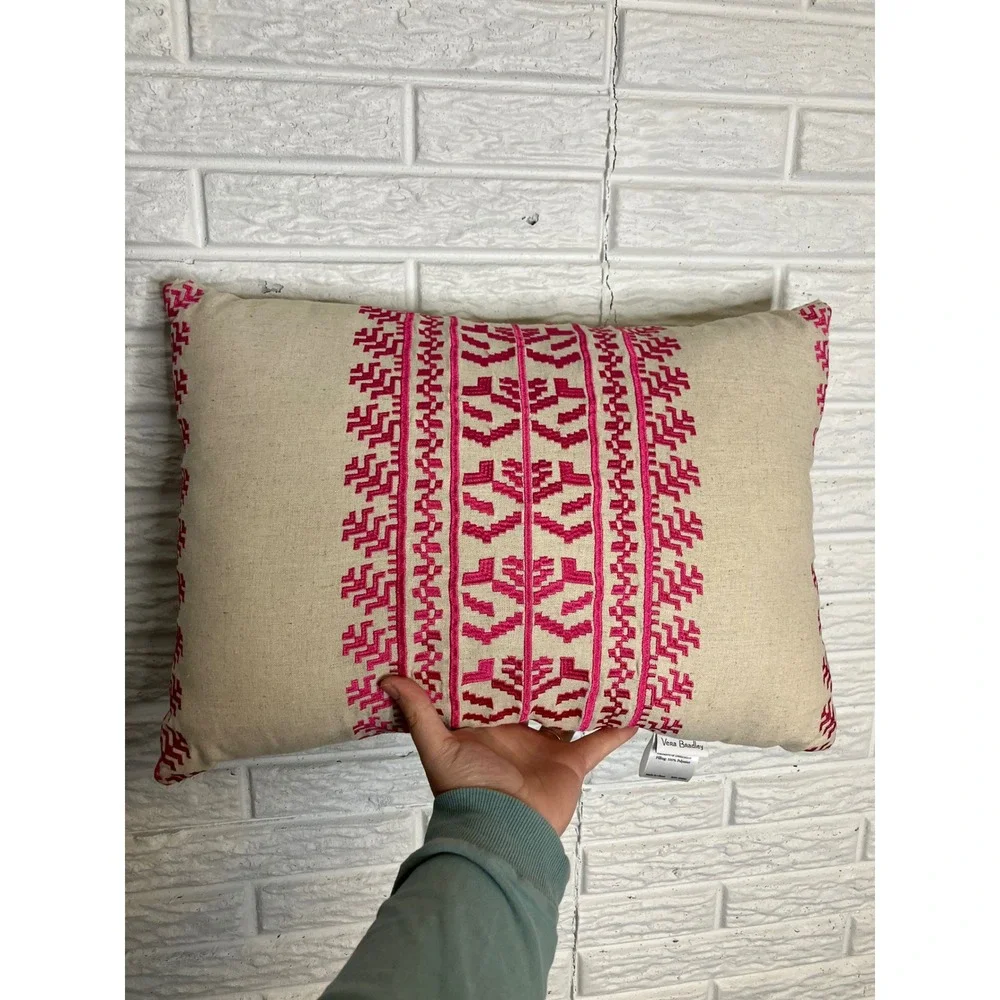 Vera Bradley tan linen blend throw pillow with‎ hot pink embroidery 19