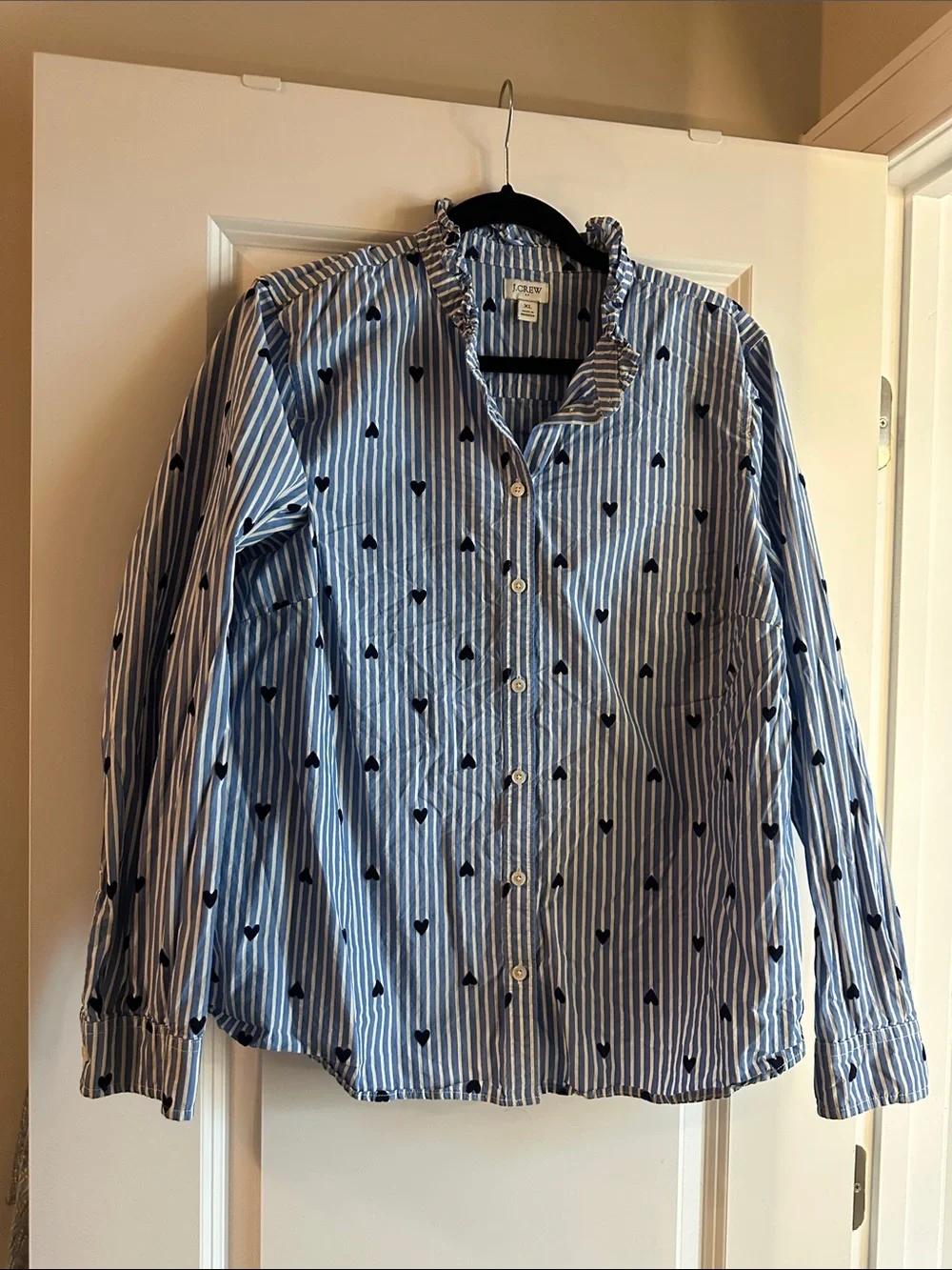 J. Crew Blue and White Striped Button-Down with Navy Heart Print