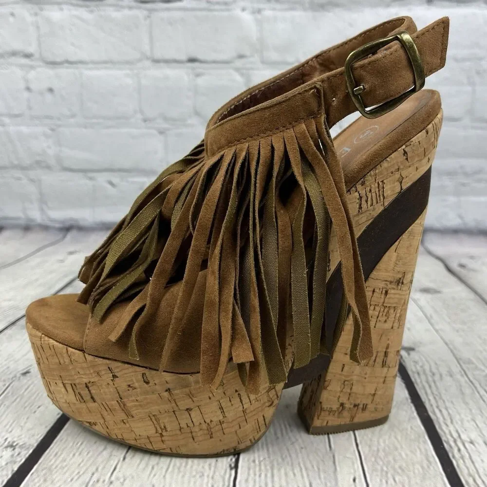 Enigma Fringe Wedge Sandal Womens Size 37 /6.5 US Brown Faux Suede Boho Hippie