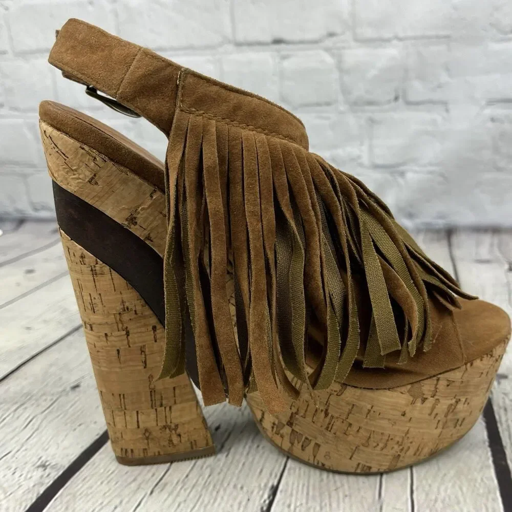 Enigma Fringe Wedge Sandal Womens Size 37 /6.5 US Brown Faux Suede Boho Hippie
