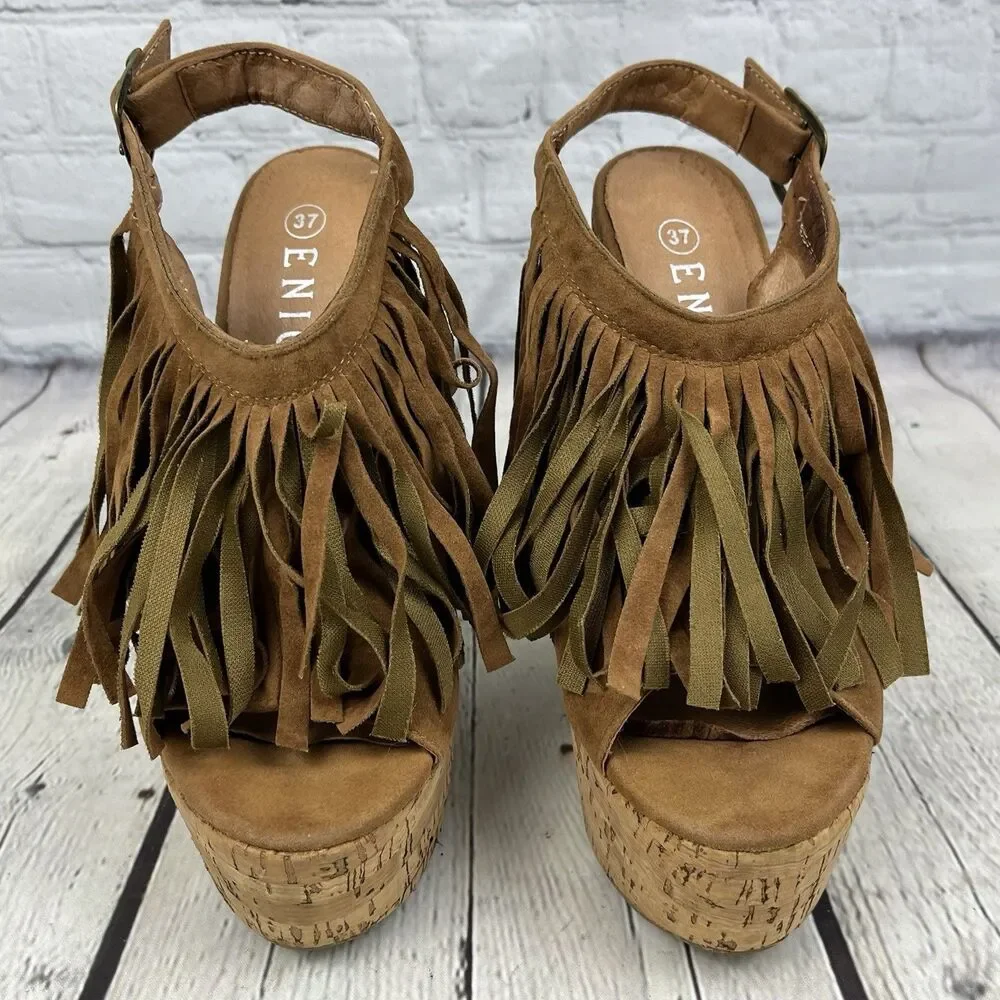 Enigma Fringe Wedge Sandal Womens Size 37 /6.5 US Brown Faux Suede Boho Hippie