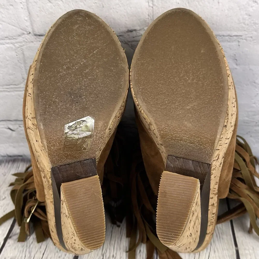 Enigma Fringe Wedge Sandal Womens Size 37 /6.5 US Brown Faux Suede Boho Hippie