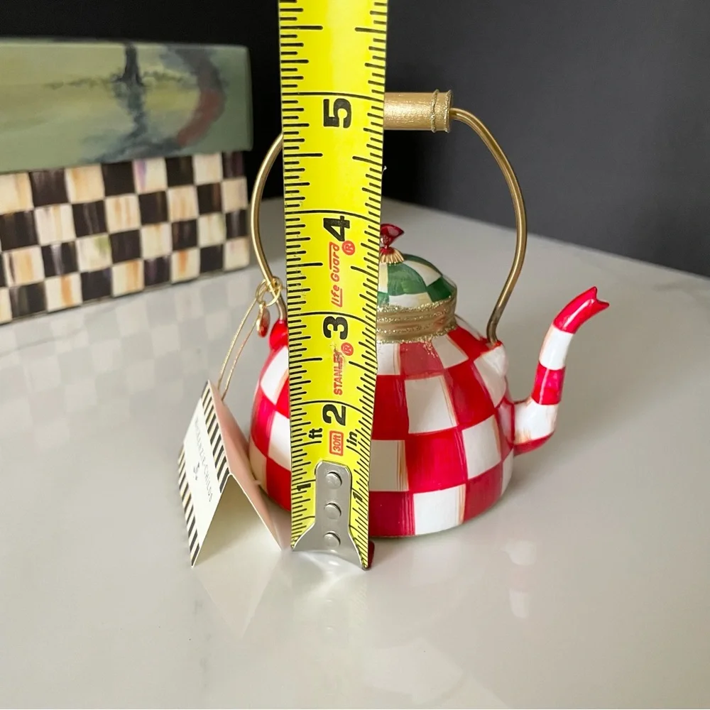 Red Check It Out Tea Kettle Ornament by Mackenzie Childs