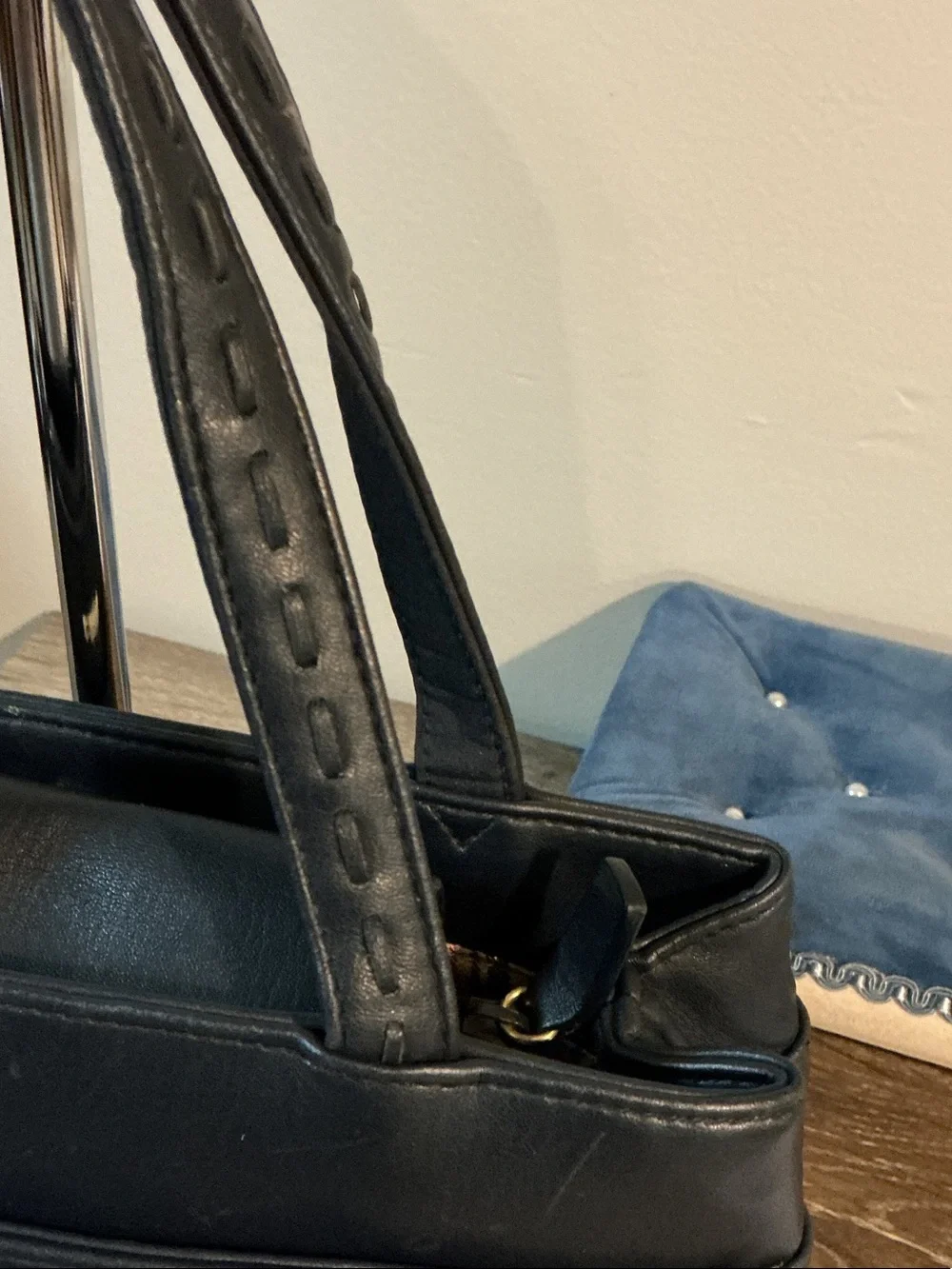 Liz Claiborne Vintage Navy Vinyl with Leather Trim Tote Satchel Gold Plaque