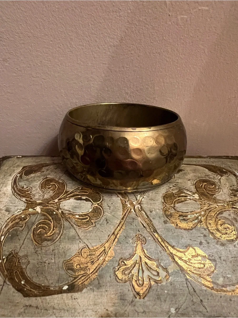 Vintage Hammered Metal Wide Bangle Bracelet in Brass Tone