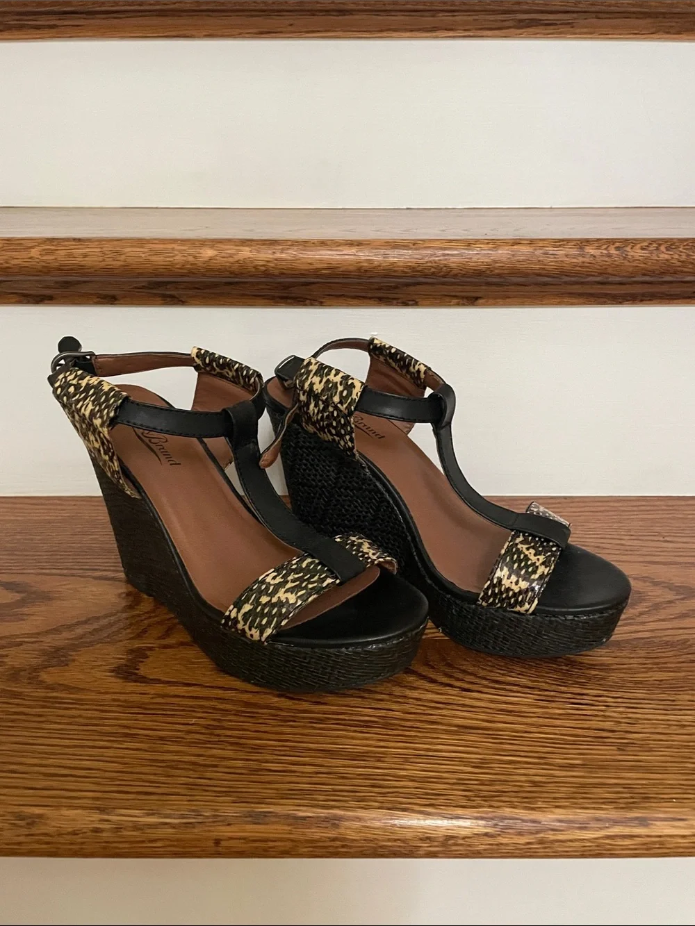Lucky Brand Black Wedge Sandals with Tan Animal-Print Straps