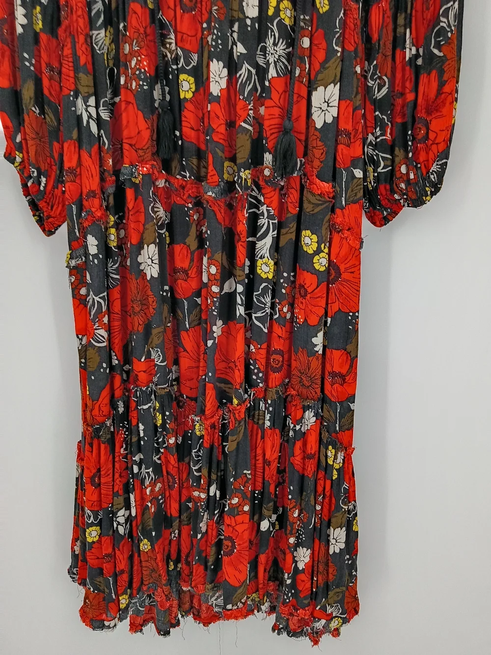 Free People Boho Black & Red Floral Long Sleeve Maxi Dress Oversized Sz L