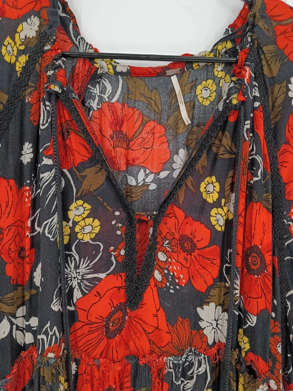 Free People Boho Black & Red Floral Long Sleeve Maxi Dress Oversized Sz L