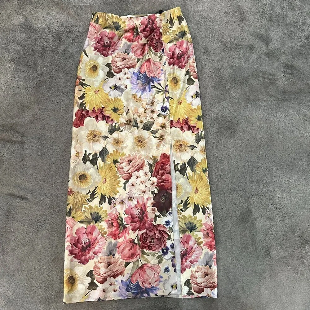Express Satin Maxi Slip Skirt Floral Slit Front Women's XS