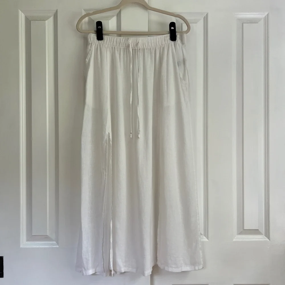 Joie White Linen Blend High Slit Resort Euro Summer Swim Cover Midi Skirt Size L