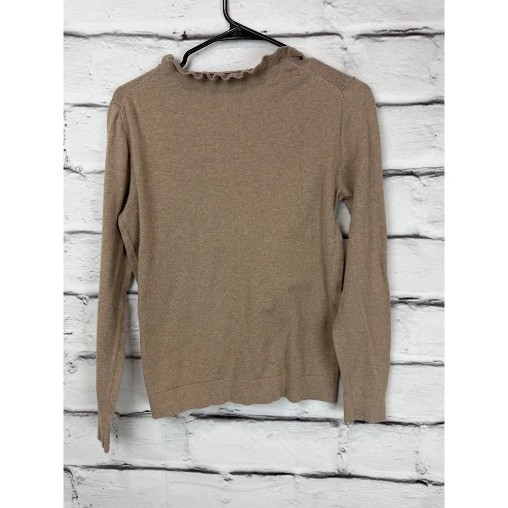 J.Crew Womens Tan Camel Ruffle Mock Neck 100% Cotton Long Sleeve Sweater Small