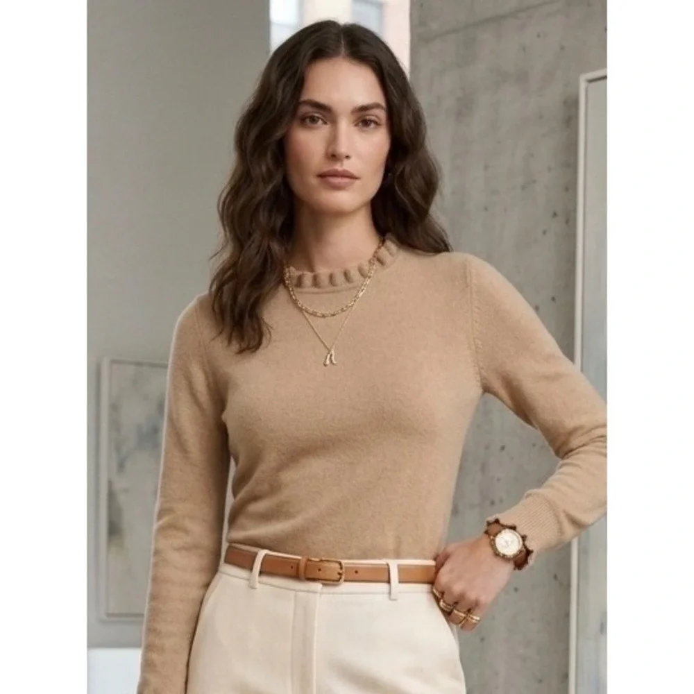 J.Crew Womens Tan Camel Ruffle Mock Neck 100% Cotton Long Sleeve Sweater Small