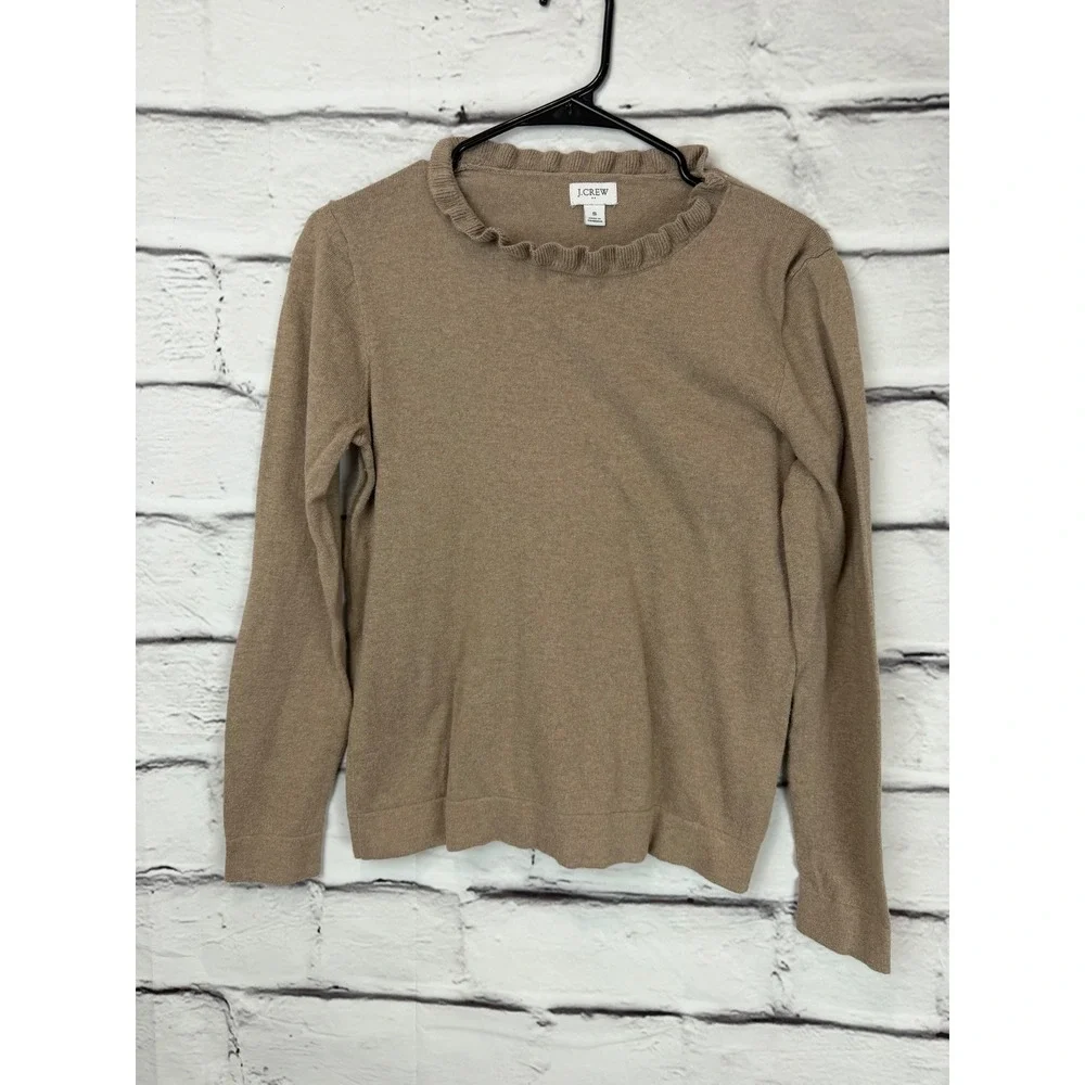 J.Crew Womens Tan Camel Ruffle Mock Neck 100% Cotton Long Sleeve Sweater Small