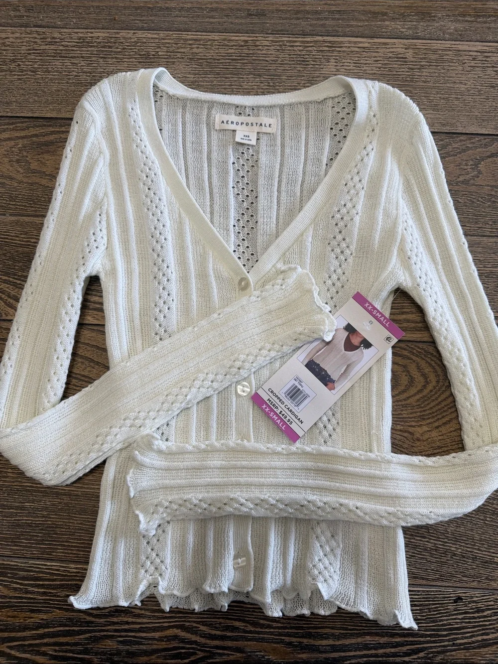 Aéropostale Cream Openwork Knit V‑Neck Cardigan‎ Cottagecore XX-Small Cropped