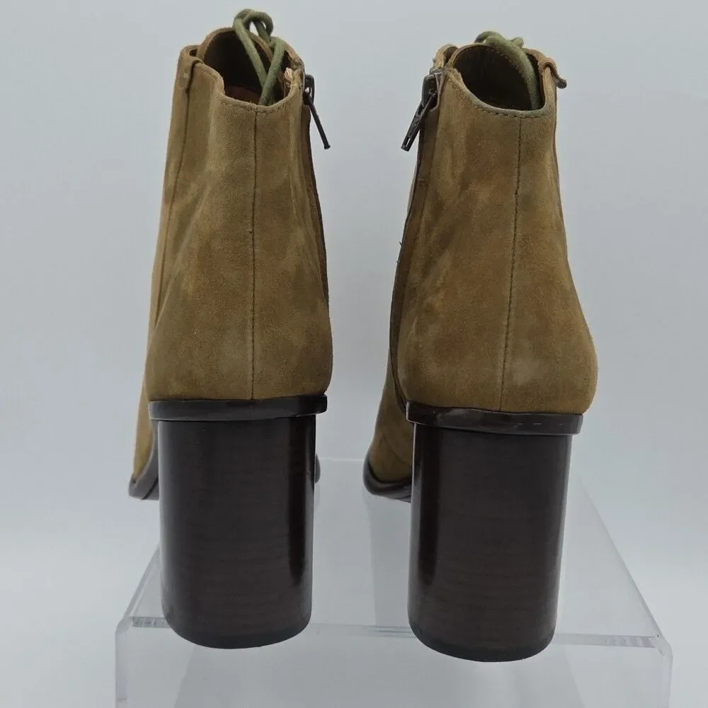 FRYE Amy Peep Toe Amy Green Khaki Suede Womens US 10 Heels Lace Up Booties