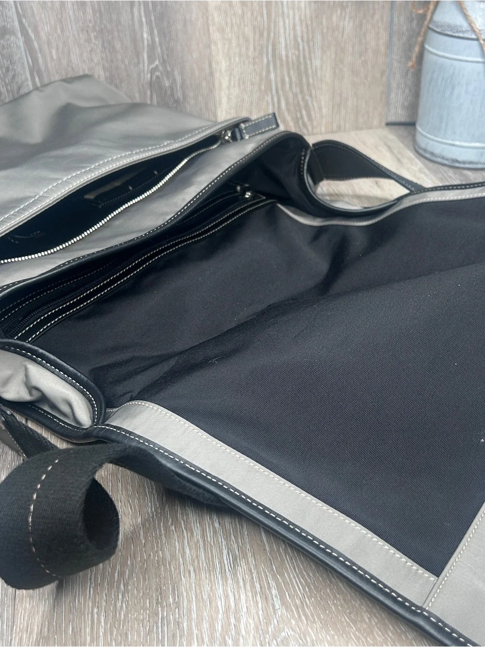 Coach Gray & Black Leather Trim Messenger Bag • Crossbody Laptop Satchel •