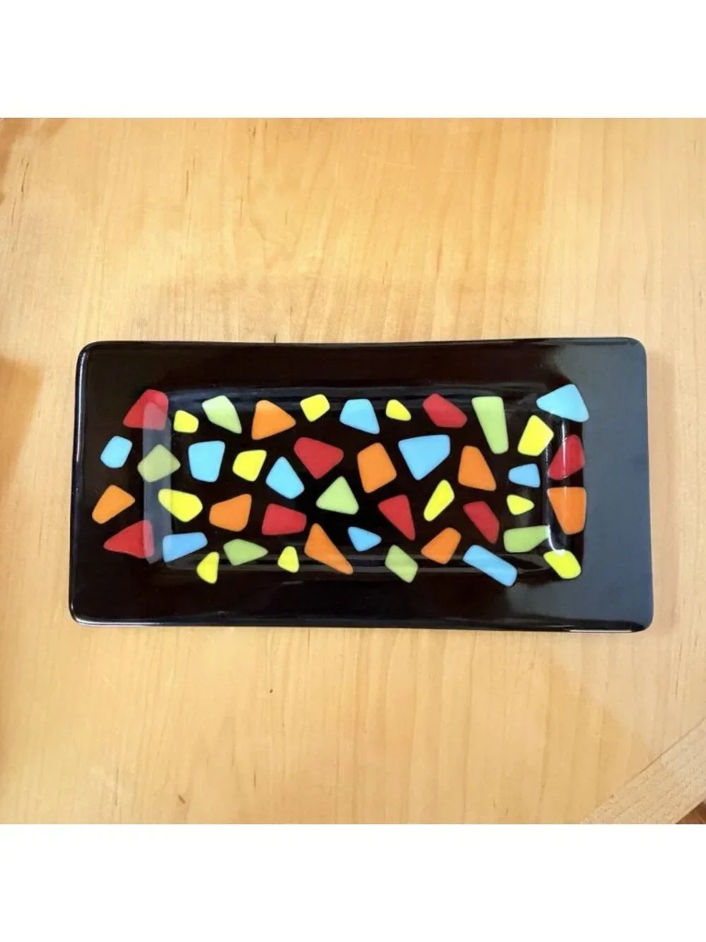 Abstract Geometric Trinket Display Fused Art Glass Rectangular Tray Dish 6 X 12