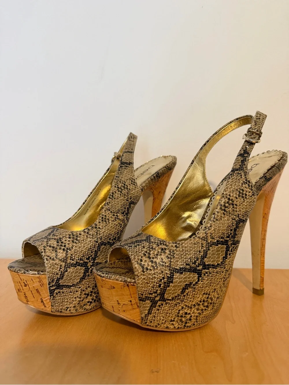Bebe Snake-Print Platform Slingback Heels