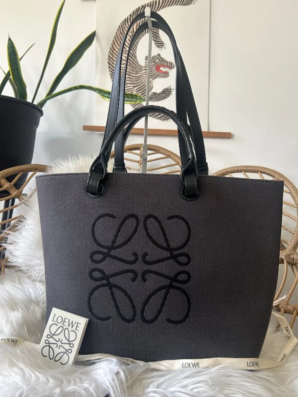 Loewe Anagram Tote in Leather & Canvas Black & Gray-Laptop, Travel, Work