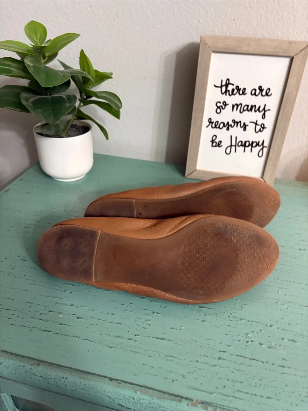 Tory Burch Tan Leather Ballet Flats with Gold Logo Medallion